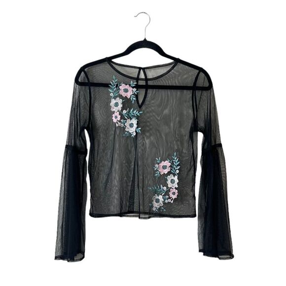 Embroidered Black Mesh Top Long Bell Sleeves - Picture 1 of 8